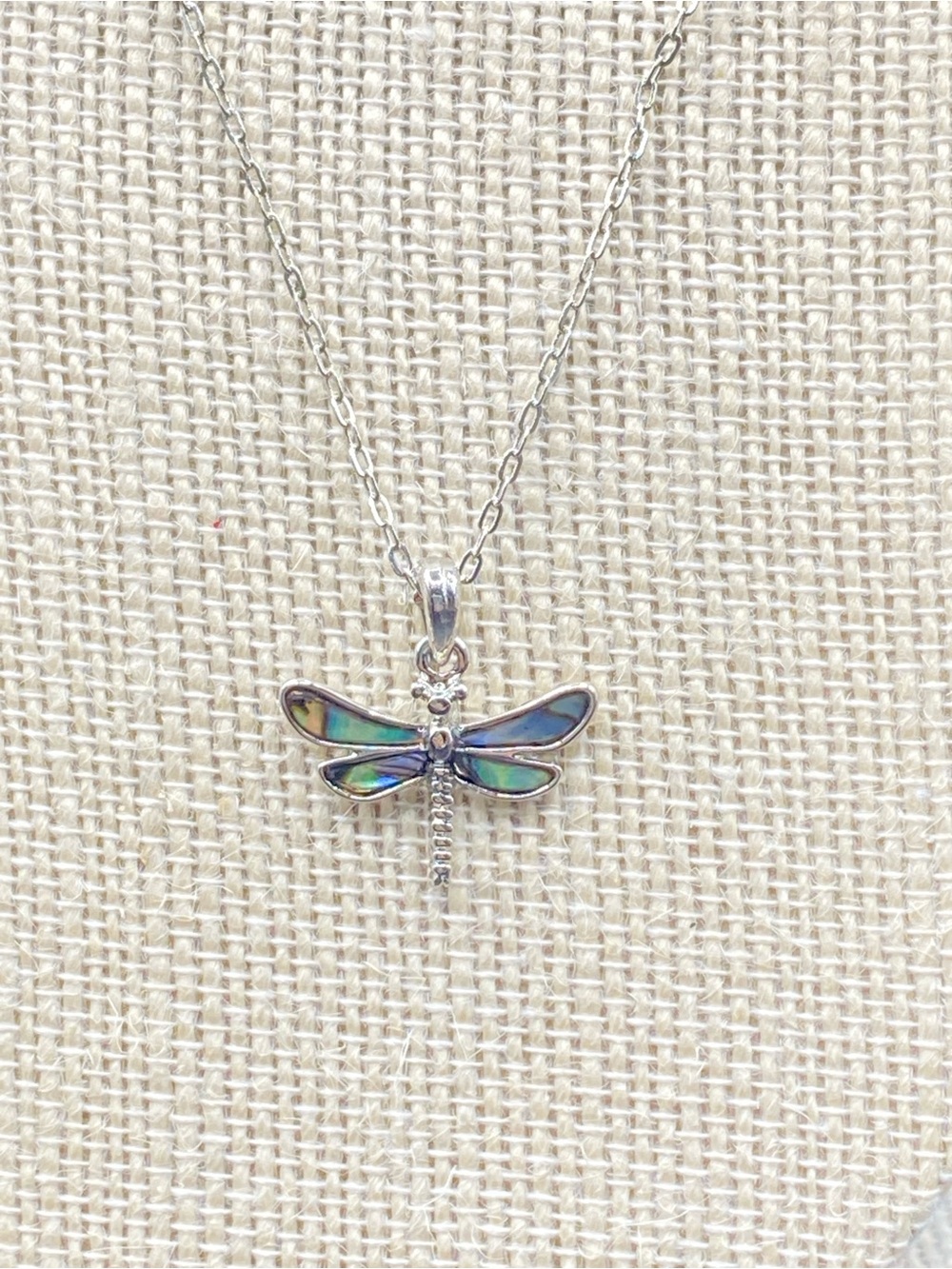 Abalone Shell Dragonfly Silver Tone Necklace Delicate Chain